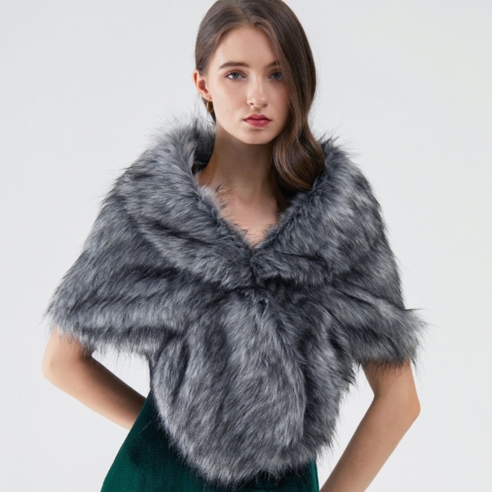 Grey Faux Fur Winter Bridal Shawl
